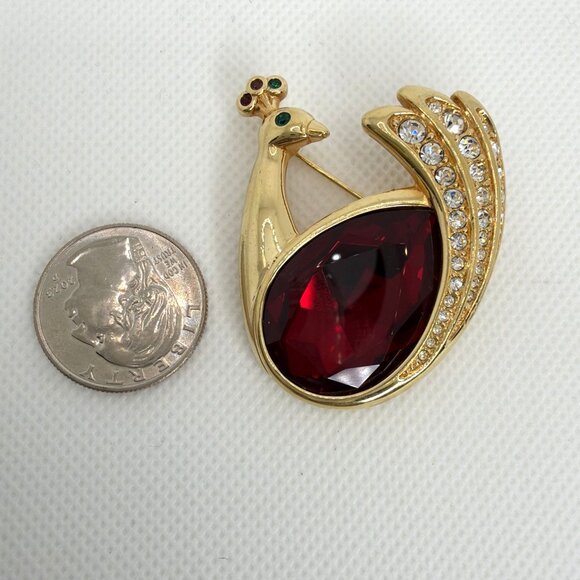 Swarovski Retired Peacock Brooch Vintage Gold Tone Red Crystal Swan Signed Rare - Picture 8 of 10